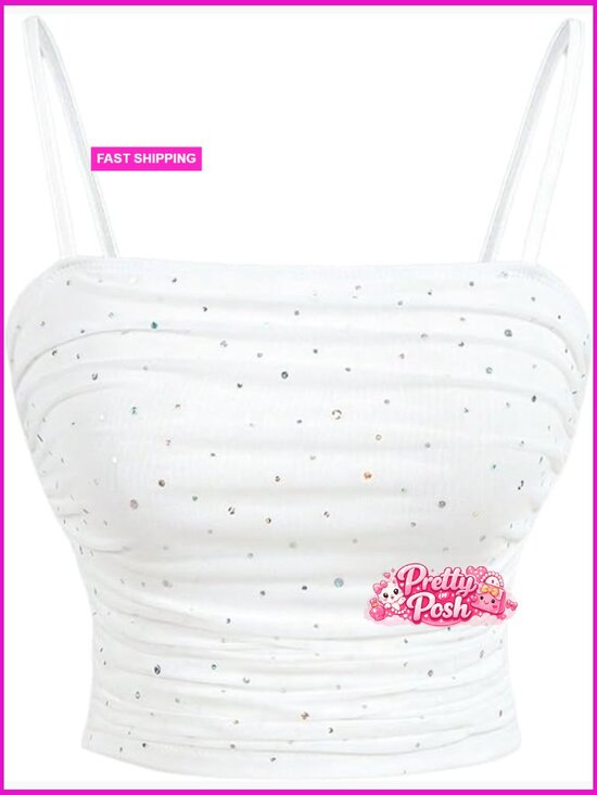 Tops - Rhinestone Spaghetti Strap Crop Cami Top Ruched Going Out Camisole